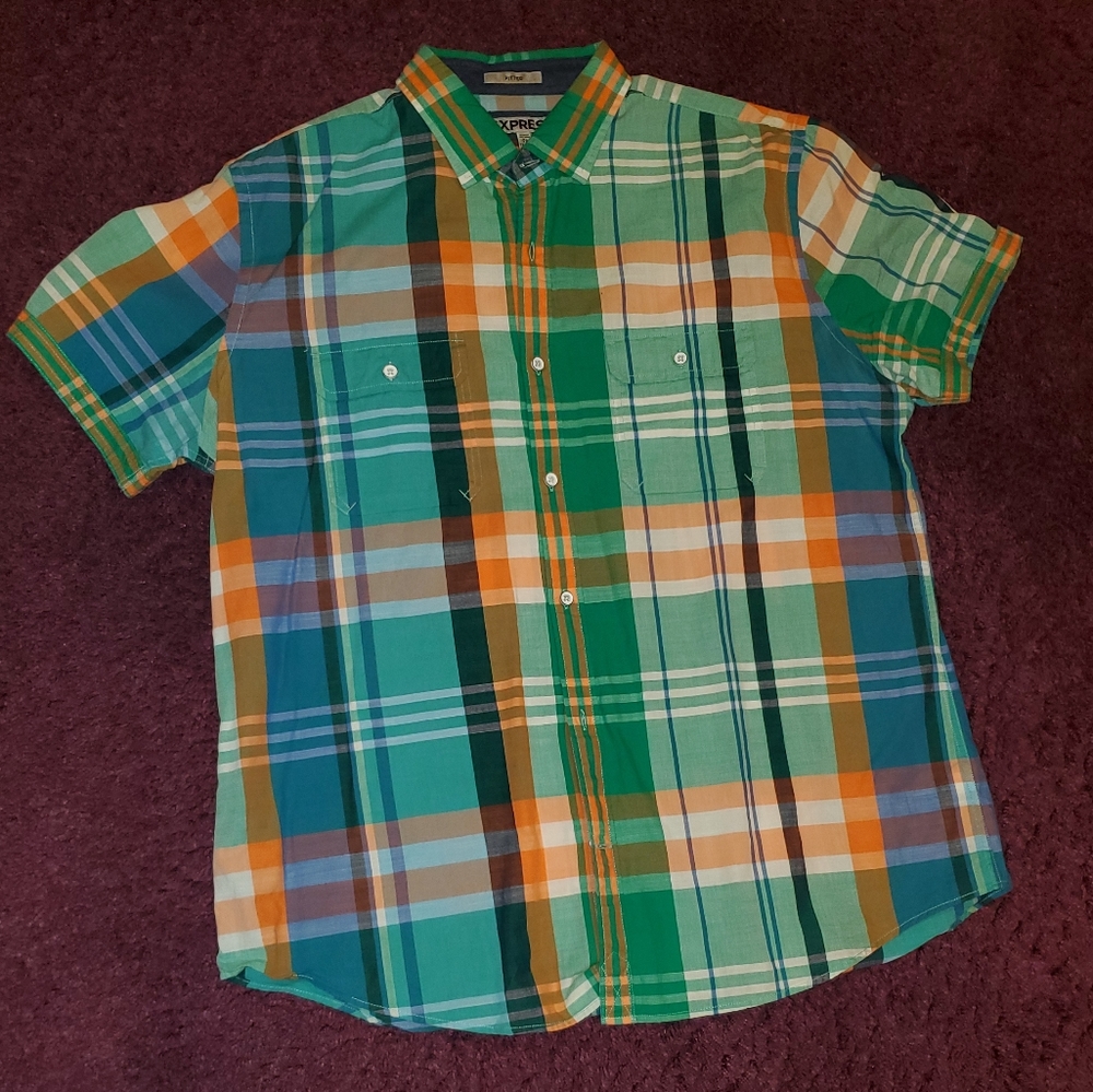 EXPRESS | Fitted Plaid Button-Down Shirt XL